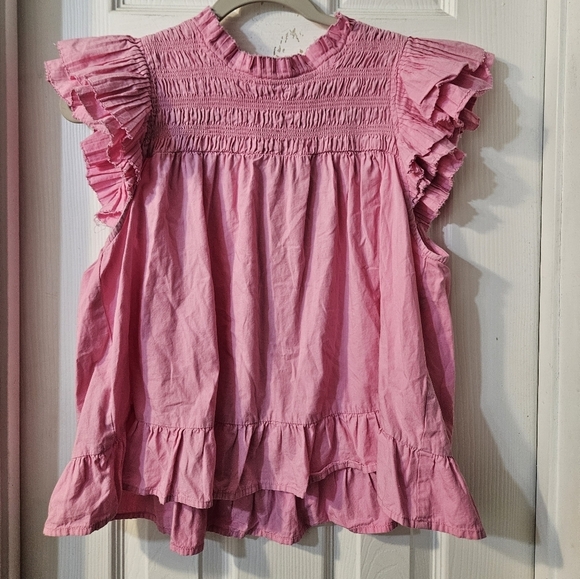Anthropology Love The Label Women's Pink Poppy High-Neck Ruffle Blouse Top - Picture 3 of 8